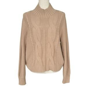 Calvin Klein Womens Cropped Cable Turtle Neck, Tan, Women’s Size L